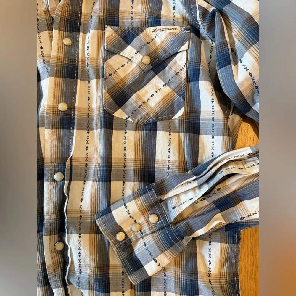 Lucky Brand Western Plaid Button-Down Shirt Small Blue Tan NWT